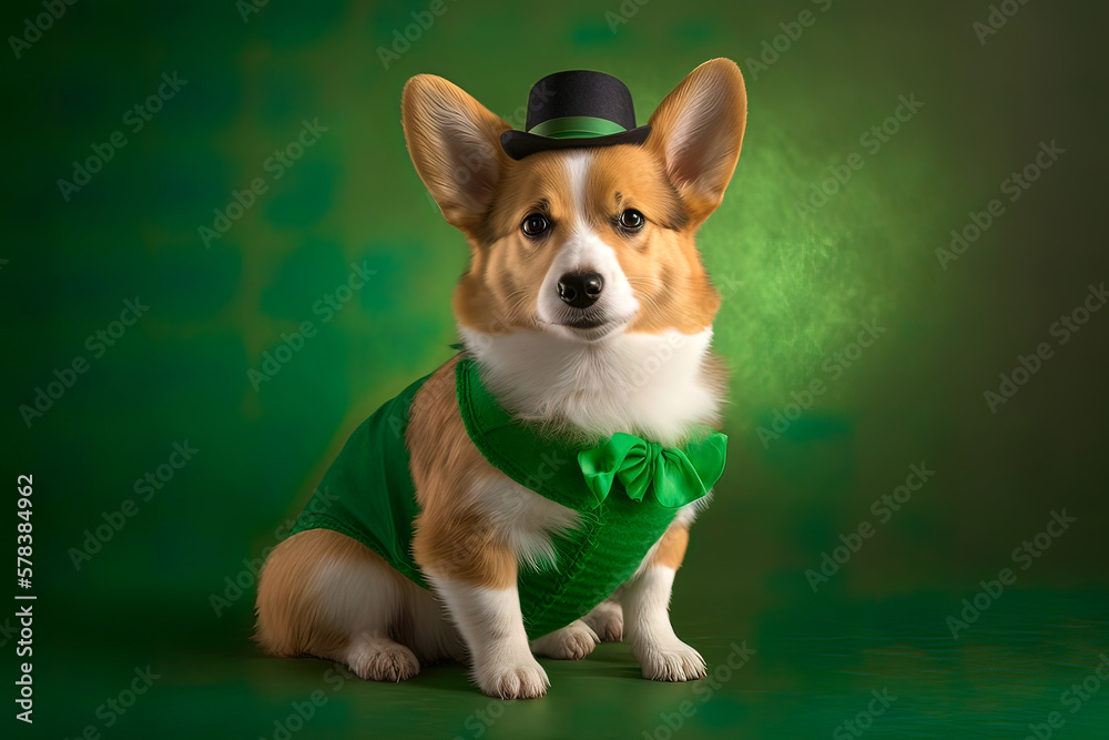 Cute dog with green hat and costume celebrating Saint Patrick's Day on vibrant gradient background. Realistic photograph Saint Patrick day card with adorable corgi puppy. Generative AI