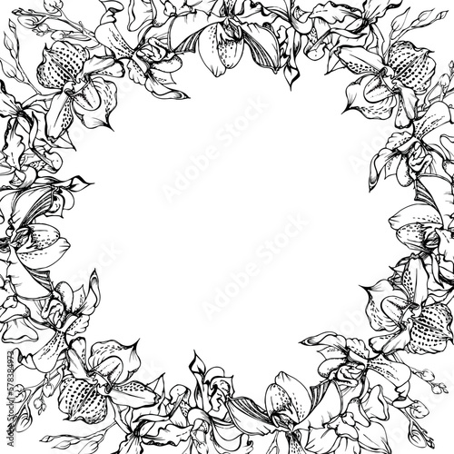 Hand drawn vector ink orchid flowers and branches  monochrome  detailed outline. Circle wreath composition. Isolated on white background. Design for wall art  wedding  print  tattoo  cover  card.