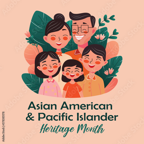 Asian American, Pacific Islanders Heritage month - celebration in USA. Cute vector banner with happy family portrait. Greeting card, banner AAPI