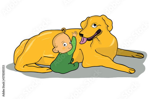 a cute dog and baby sitting
