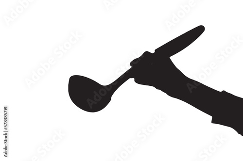 Hand holding soup ladle, silhouette vector.