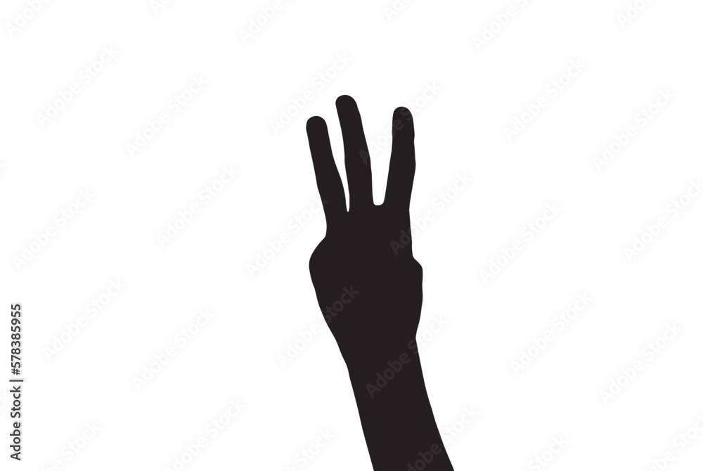 Hand showing number three with finger, silhouette vector. Counting with hand.