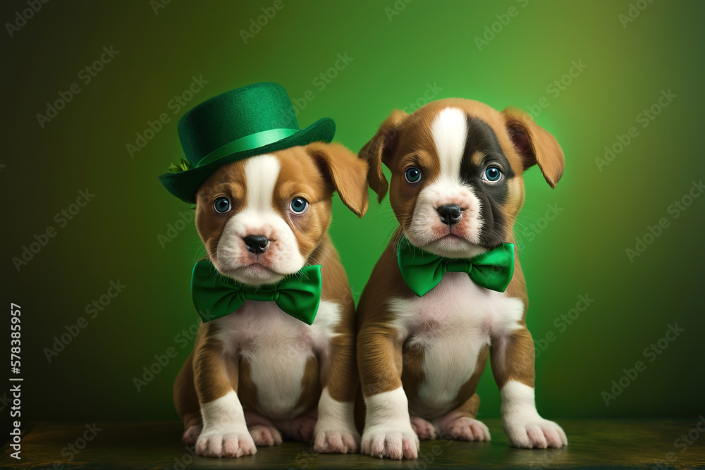 Cute dogs with green hat and costume celebrating Saint Patrick's Day on vibrant gradient background. Realistic photograph Saint Patrick day card with adorable puppies. Generative AI