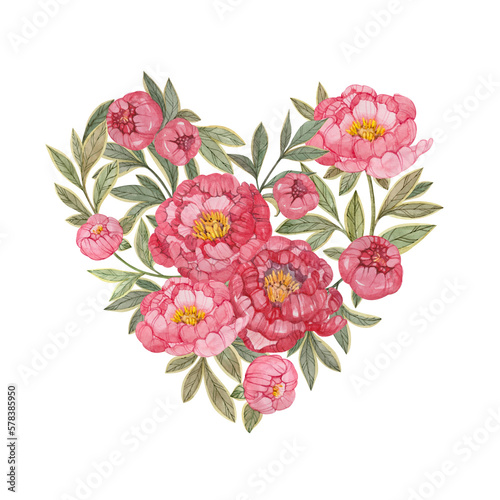 Wallpaper Mural Floral composition with watercolor peonies in the shape of a heart. Print for postcards, valentines, greetings. Torontodigital.ca