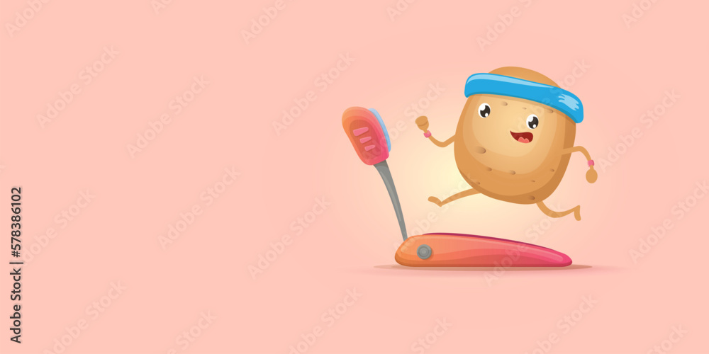Cartoon funky potato character running or jogging isolated on pink horizontal banner background. Cute sporty vegetable character making cardio sport exercise. Fitness cardio concept Cartoon funky potato character running or jogging isolated on pink horizontal banner background. Cute sporty vegetable character making cardio sport exercise. Fitness cardio concept