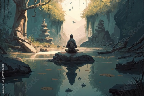 Meditation practice in a peaceful environment. Mindfulness, relaxation, mental health, spirituality, meditation, tranquility, self-awareness, breathing exercises, stress relief. Generative of AI