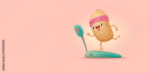 Cartoon funky potato character running or jogging isolated on pink horizontal banner background. Cute sporty vegetable character making cardio sport exercise. Fitness cardio concept