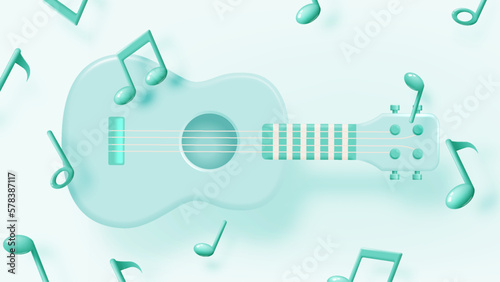 Guitar or Ukulele with Music notes, song, melody or tune 3d realistic vector