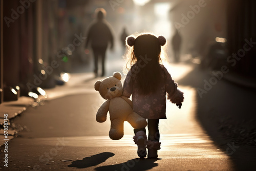 Mädchen mit einem Teddy alleine auf der Straße einer Stadt