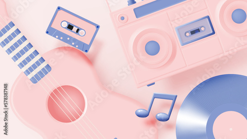 Guitar or Ukulele with Music notes, song, melody or tune 3d realistic vector