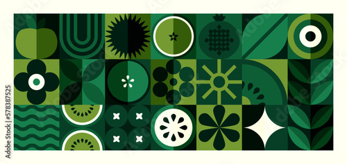 Abstract geometric food pattern. Natural fruit vegetable plants simple shapes, agriculture concept. Vector illustration