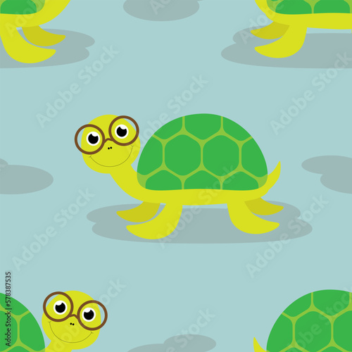 Vector seamless pattern with smiling turtles characters in glasses in cartoon style © Birdy