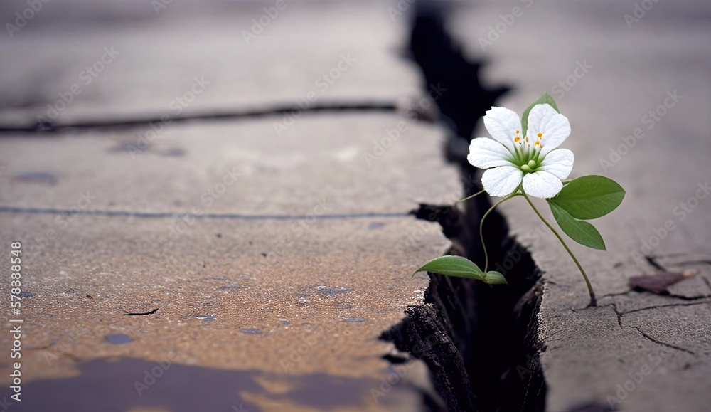 A White Flower Growing On A Street Crack. Generative AI Illustration