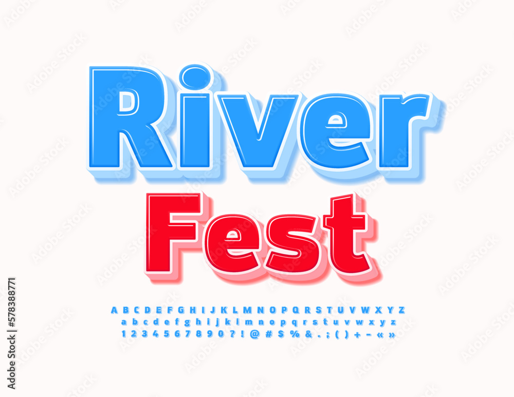 Vector artistic Sign River Fest. Blue 3D Alphabet Letters, Numbers and Symbols set. Modern glossy Font