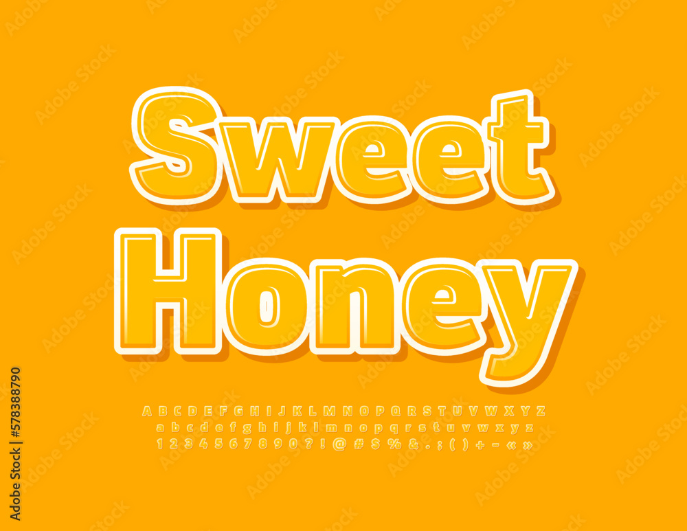 Vector creative Sign Sweet Honey. Yellow glossy Font. Modern stylish Alphabet Letters and Numbers set Vector creative Sign Sweet Honey. Yellow glossy Font. Modern stylish Alphabet Letters and Numbers set
