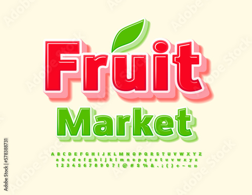 Vector creative logo Fruit Market. Green 3D Font. Bright Alphabet Letters and Numbers set