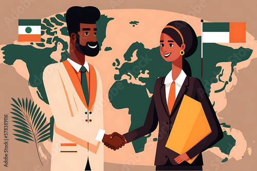 Flat vector illustration Indian friendly CEO businessman human resources director holding employment contract and welcoming african american female applicant manager shaking hands in contemporary offi