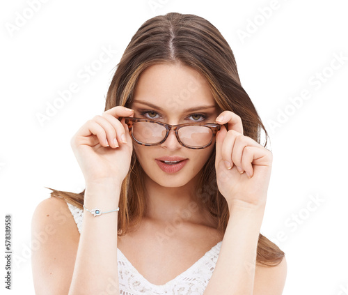 An ophthalmology female woman or model with a facial expression on optical eyeglasses and health of eyecare isolated on a PNG background