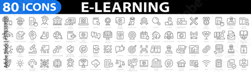E-learning icon set. Online education icon set. Thin line icons set. Distance learning. Containing video tuition, e-learning, online course, audio course, educational website. Vector illustration