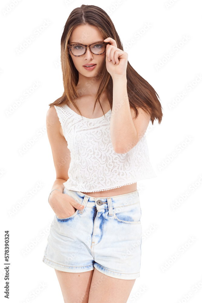 A fashion model poses confidently while wearing stylish eyewear from an optician, promoting the importance of cool care for vision wellness isolated on a PNG background