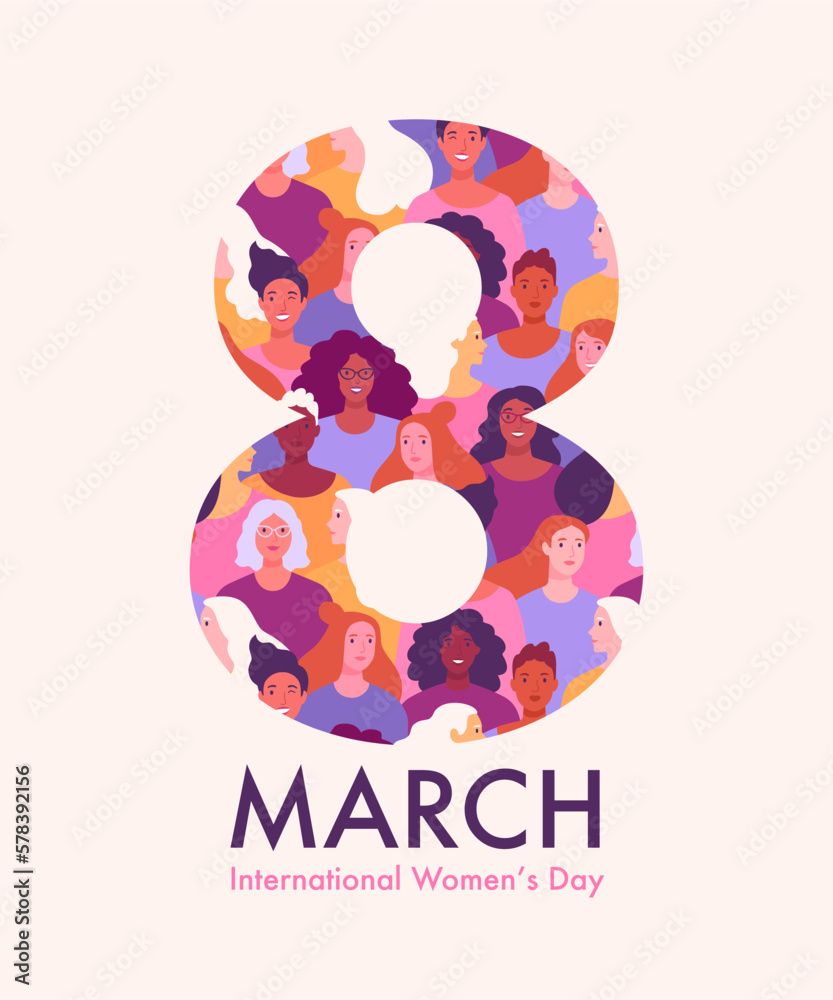 March 8th greeting card concept. Vector cartoon illustration for International Women's Day in a trendy flat style of a silhouette of the number 8, consisting of a pattern of many diverse women
 - obrazy, fototapety, plakaty 