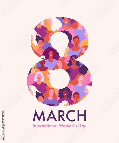 March 8th greeting card concept. Vector cartoon illustration for International Women's Day in a trendy flat style of a silhouette of the number 8, consisting of a pattern of many diverse women
