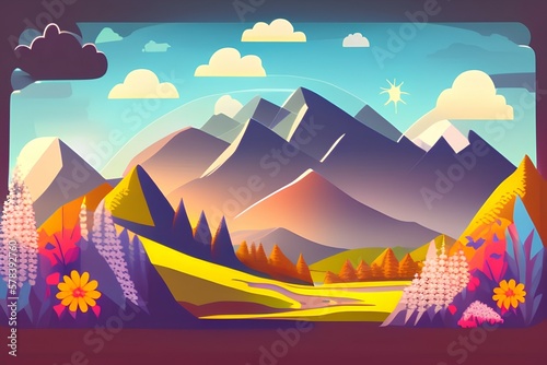 Summer nature landscape with mountains  forest  grass  flower  sky  sun and clouds. National park. illustration in flat style - generative ai