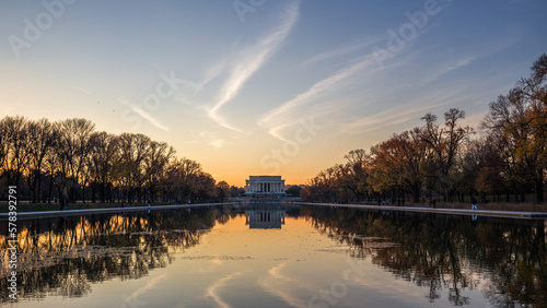 Sunset landscape of the Lincoln Memorial and the reflection lake in Washington D.C., US
