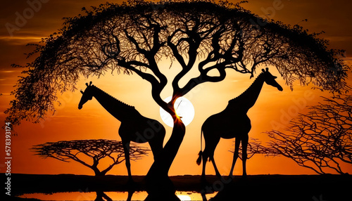 A pair of graceful giraffes silhouetted against the setting sun, their long necks reaching for the leaves of a nearby tree - illustration - Generative AI