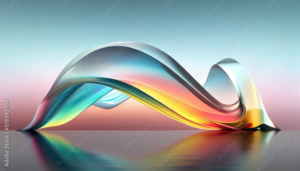 Fototapeta premium 3d render abstract background in nature landscape. Transparent glossy glass ribbon on water. Holographic curved wave in motion. Iridescent design element for background, wallpaper. Generative Ai