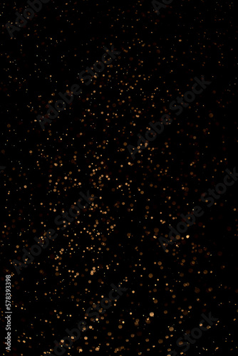 Natural organic dust golden particles floating on a sunbeam on black background. Glittering sparkling flickering in space 3D illustration. High Quality Photo