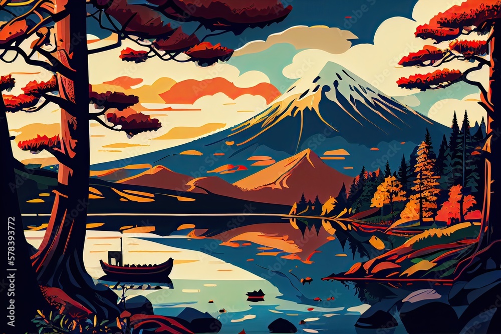 Mountain Fuji Japan View Landscape Travel Place.  illustration with mount fuji scenery misty lake And mountains, pine forests, backgrounds for web design, postcards, book covers, nature. Generative Ai