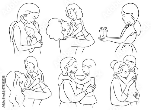Set of sweet mothers hold their little daughters. Moms embrace their child’s. Motherhood concept. Diversity and ethnicity.  African American, Asian, Scandinavian ethnicity. International Mother’s Day.