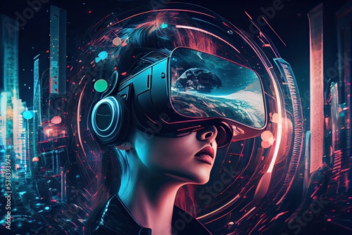 Woman wearing virtual reality goggles and standing in virtual world background. Concept of virtual reality technology. Non-existent person. Generative Ai