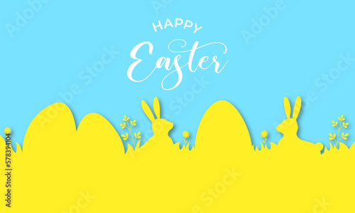 Easter greeting card with eggs and flowers. Happy easter paper cut greeting card. Paper cut style design. Vector illustration EPS 10