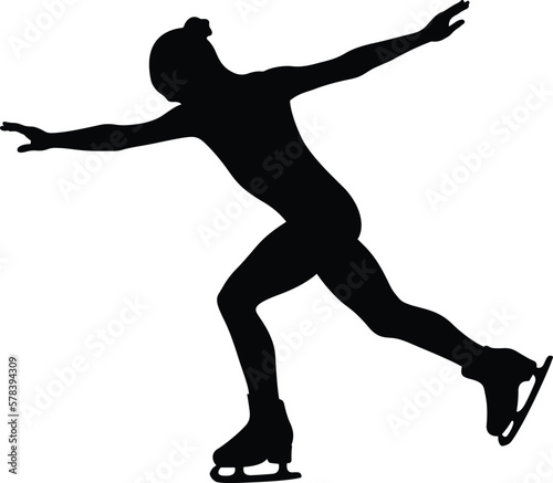 girl junior skater dancing in figure skating, black silhouette on white background, vector illustration