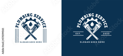 Vintage plumbing logo template design, plumbing repair vector illustration