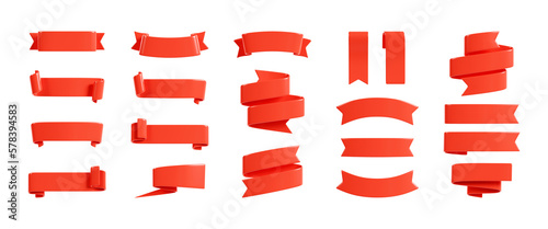 Foto Red ribbon banner 3d render - set of glossy text box for sale or discount promotion sign