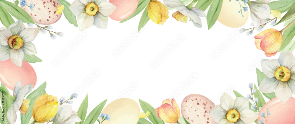 Happy Easter vector watercolor hand painted banner. - obrazy, fototapety, plakaty 