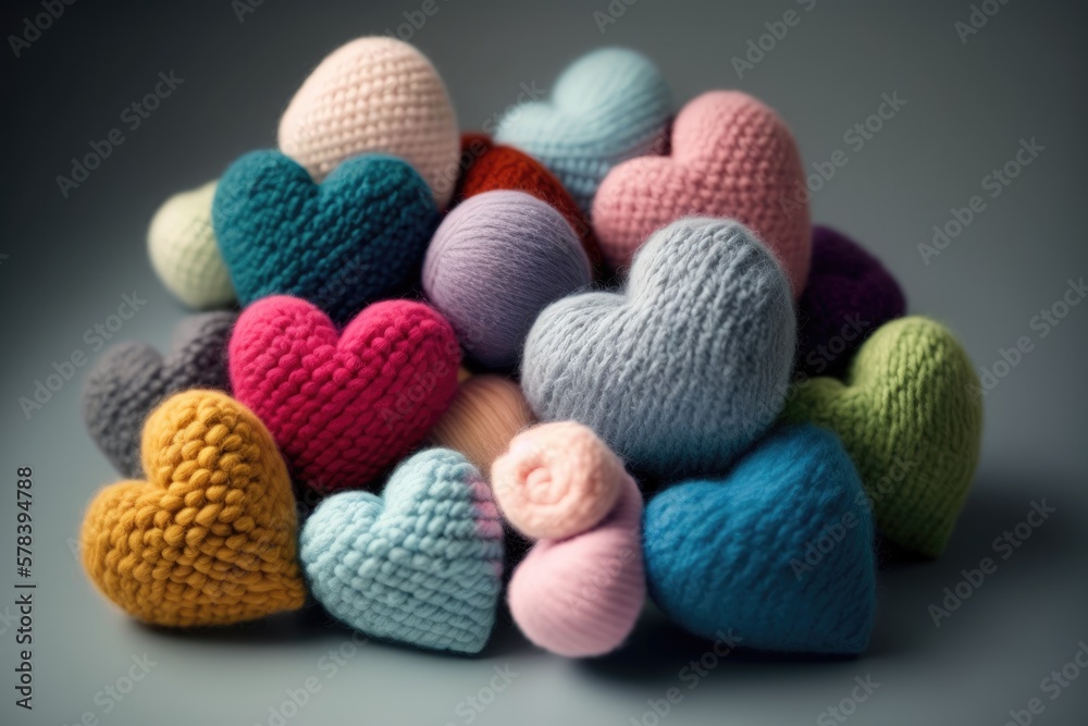 Colorful knitted hearts made of wool. Generative AI. Colorful knitted hearts made of wool. Generative AI.
