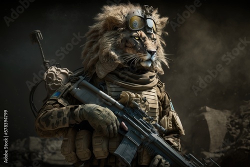 Lion dressed as a warfare soldier holding a gun. Generative AI.