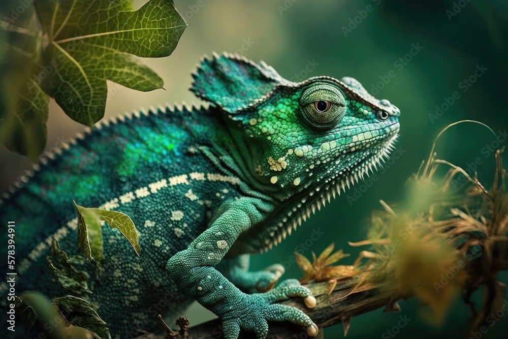 Fototapeta premium Green colored chameleon close up. Generative AI.