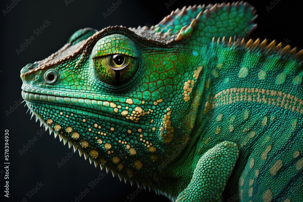 Fototapeta premium Green colored chameleon close up. Generative AI.