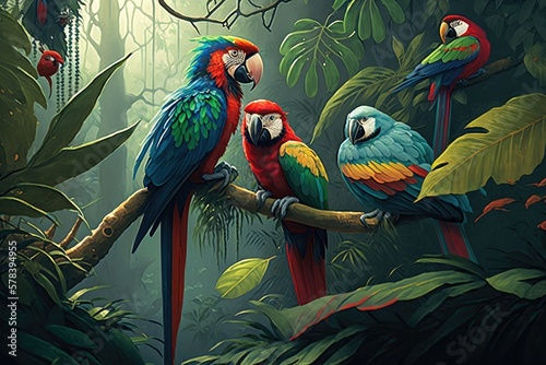 Two parrots in the tropical rainforest. Generative AI.  © jlfsousa