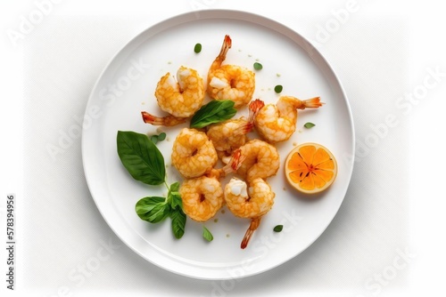 Top view gourmet fried shrimp dish on the plate on white background. Generative AI.
