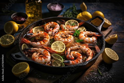 Prawns Shrimps roasted in a pan with lemon and garlic. Generative AI.