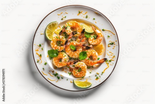 Top view gourmet fried shrimp dish on the plate on white background. Generative AI.