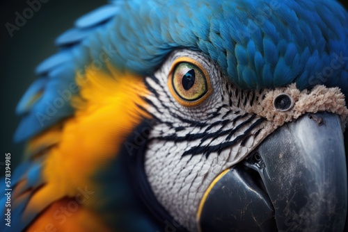 Macro of a parrot with vibrant blue. Generative AI.