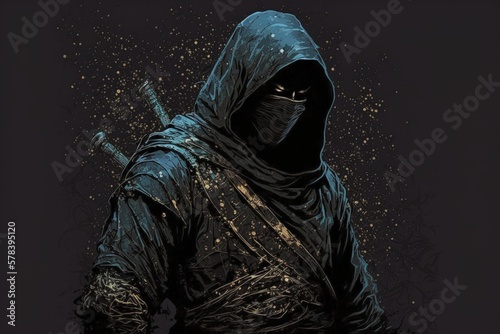 Dark ninja illustration, manga and anime style. Generative AI
