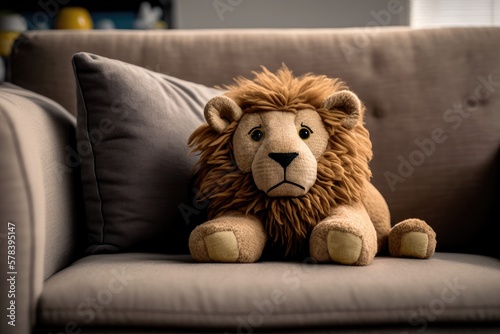 Lion plushie toy in sofa. Generative AI.